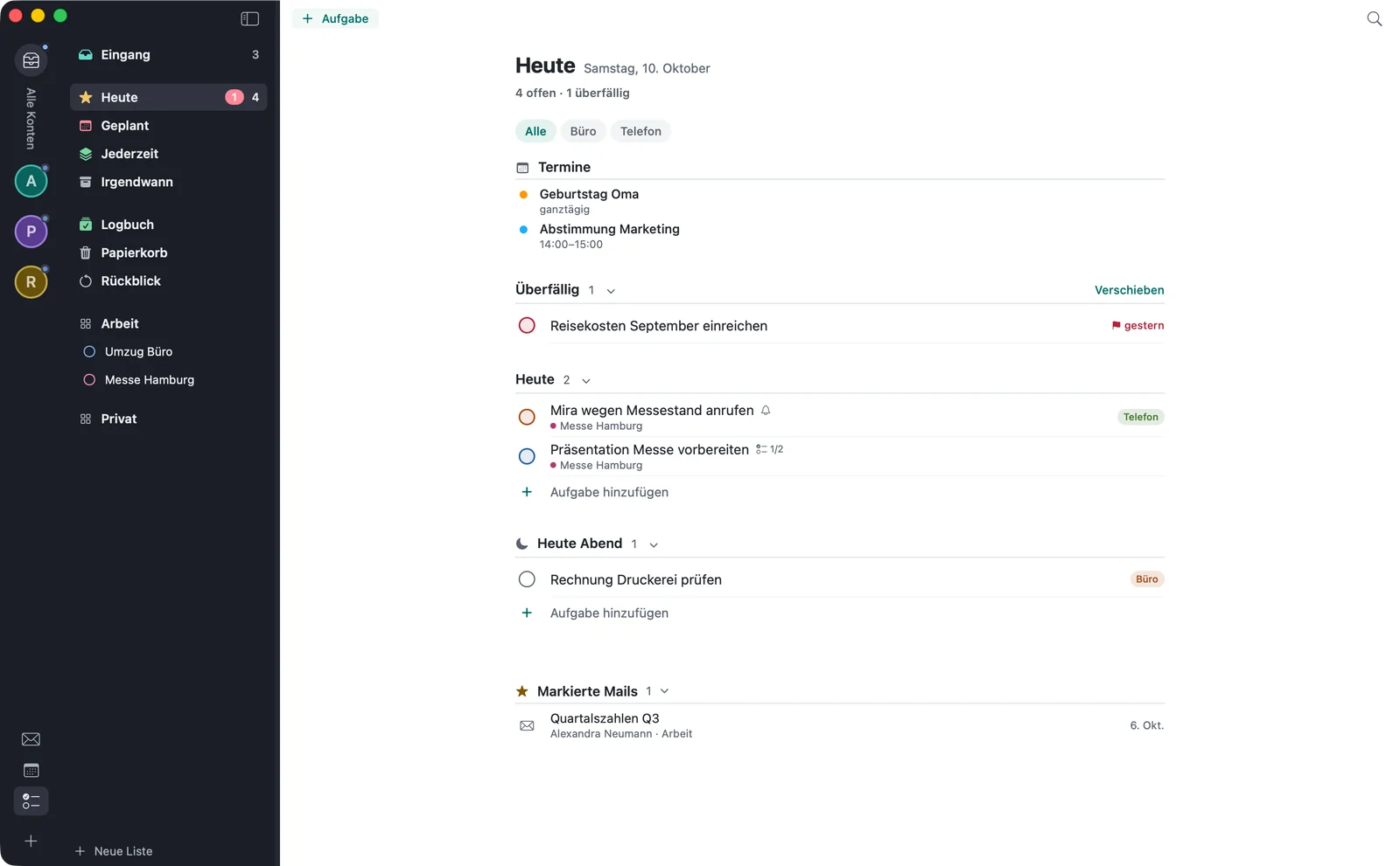 Die Liste „Heute“ der Aufgaben in warfta: oben die Termine des Tages, darunter Überfälliges, die Aufgaben für heute und heute Abend sowie eine markierte Mail; links Eingang, Geplant, Jederzeit, Irgendwann, Logbuch und die Projekte.