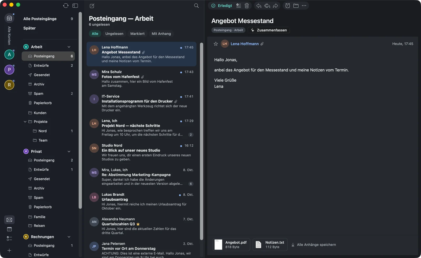 Eine Mail mit zwei Anhängen, Angebot.pdf und Notizen.txt, die als Zeile mit kleinen Vorschaubildern am Ende der Mail stehen, daneben „Alle Anhänge speichern“.