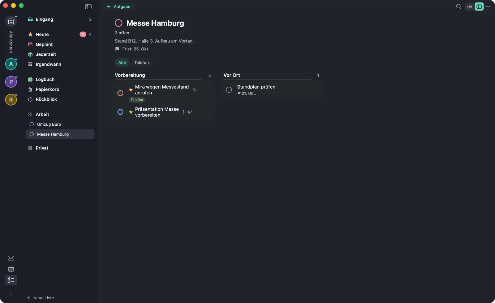 Das Projekt „Messe Hamburg“ als Board mit Notiz und Frist, den Spalten „Vorbereitung“ mit zwei Aufgaben und „Vor Ort“ mit einer Aufgabe.