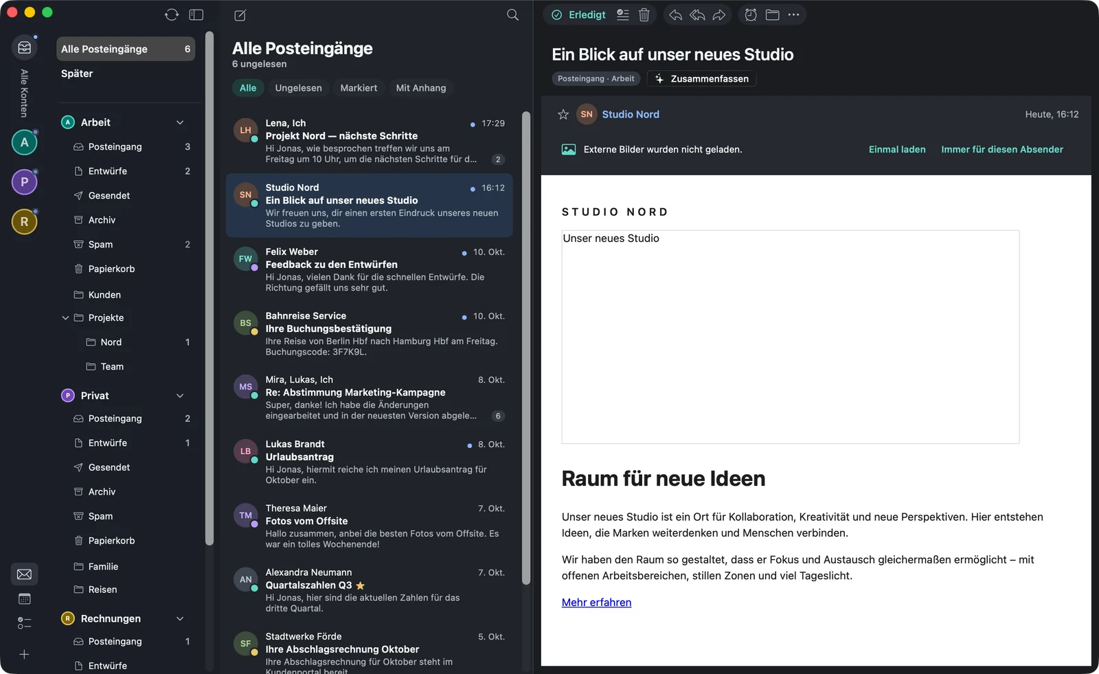 Eine Mail im Lesebereich mit dem Hinweis „Externe Bilder wurden nicht geladen.“ und den Knöpfen „Einmal laden“ und „Immer für diesen Absender“.