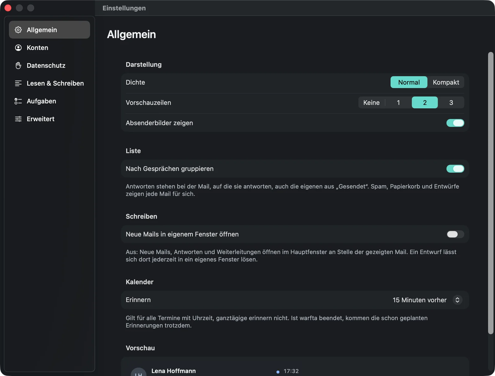 Die Einstellungen „Allgemein“ mit Darstellung (Dichte, Vorschauzeilen, Absenderbilder), Liste (Nach Gesprächen gruppieren), Schreiben (Neue Mails in eigenem Fenster öffnen) und Kalender (Erinnern 15 Minuten vorher).
