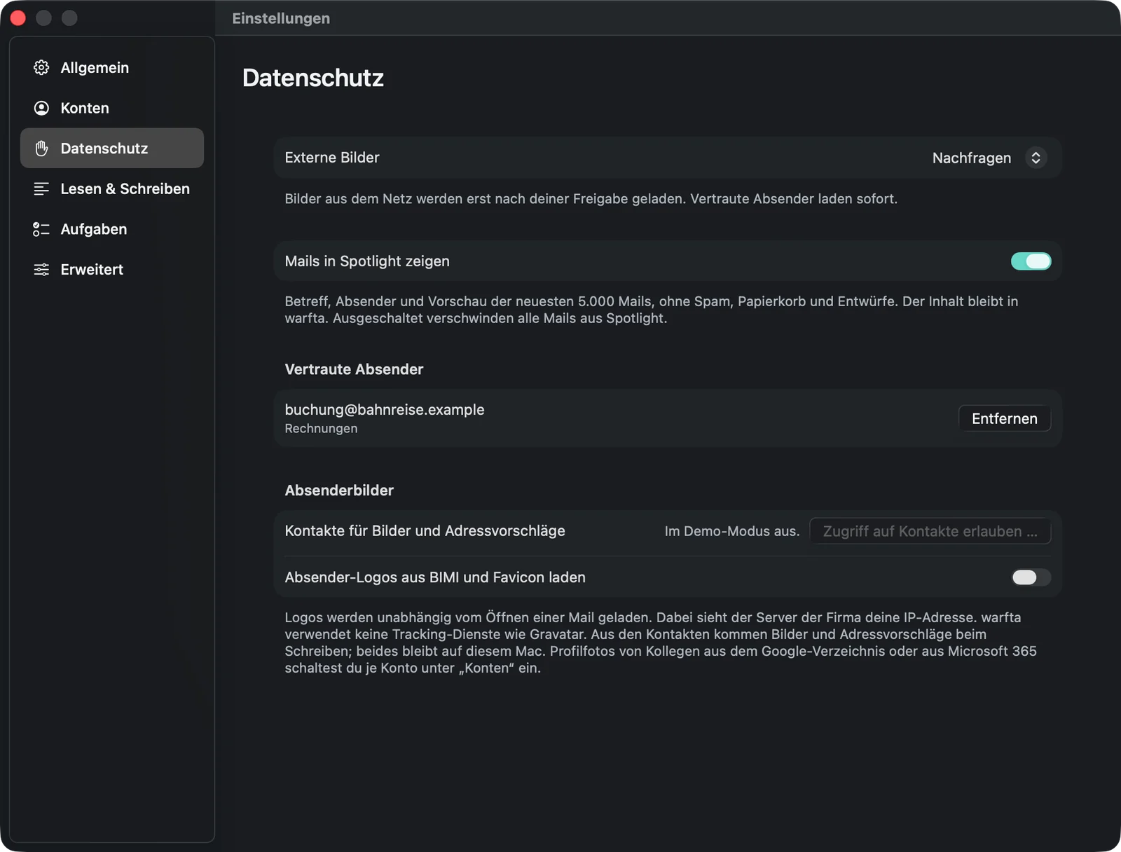 Die Einstellungen „Datenschutz“ mit Externe Bilder: Nachfragen, Mails in Spotlight zeigen, der Liste vertrauter Absender und den Absenderbildern aus Kontakten sowie aus BIMI und Favicon.
