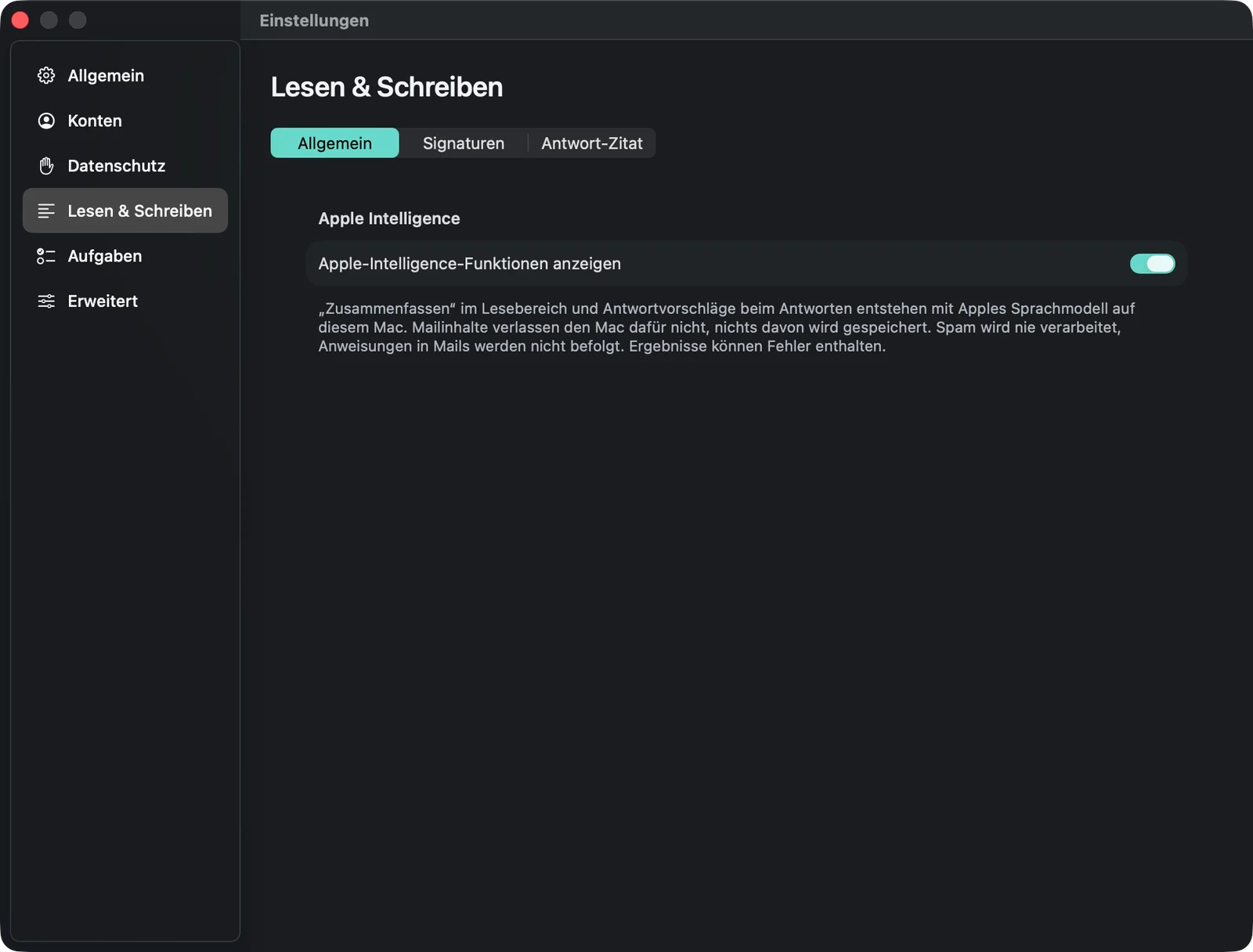Die Einstellungen „Lesen & Schreiben“ auf der Seite Allgemein mit dem Schalter „Apple-Intelligence-Funktionen anzeigen“.