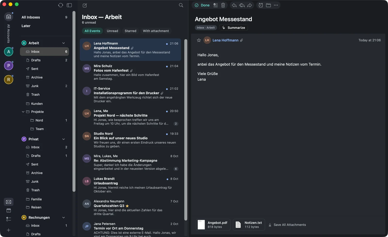 A mail with two attachments, Angebot.pdf and Notizen.txt, shown as a row with small thumbnails at the end of the mail, next to the button to save all attachments.
