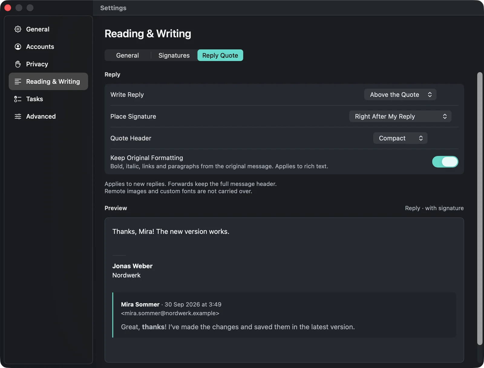 The “Reply Quote” settings: reply above the quote, signature directly after the reply, compact quote header, keep original formatting turned on, below it a preview of the reply.