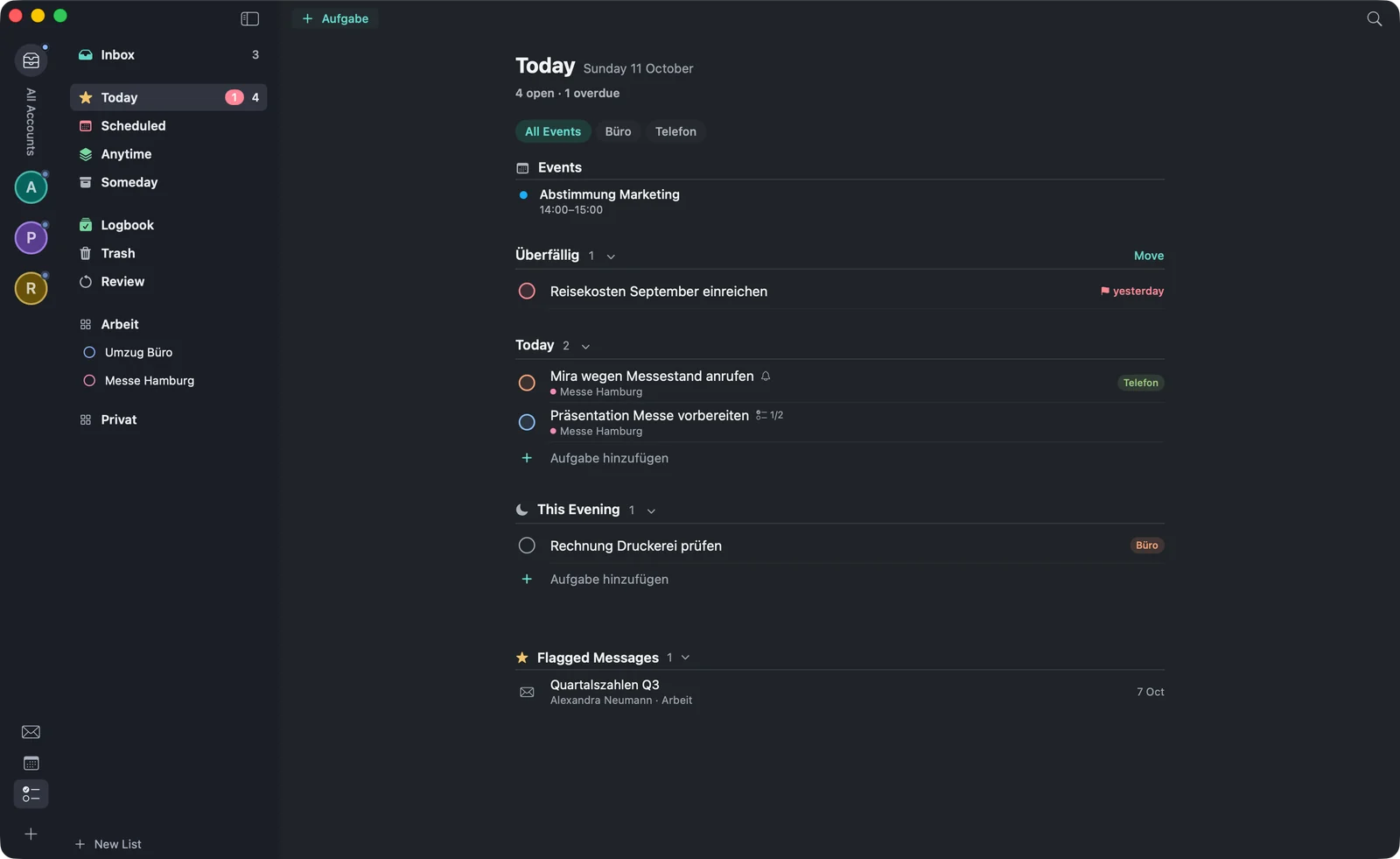 The “Today” list: an event at the top, below it an overdue task with yesterday’s deadline, two tasks for today with project and tag, a task for this evening and a flagged mail.