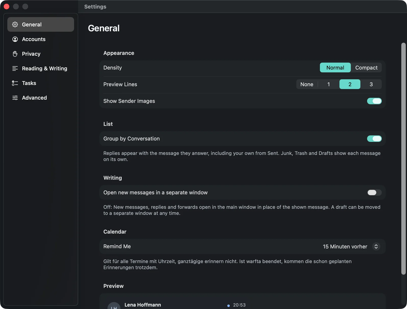 The “General” settings with appearance (density, preview lines, sender images), list (group by conversation), writing (open new messages in a separate window) and calendar (remind me 15 minutes before).