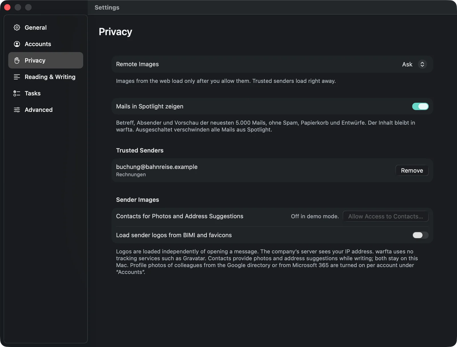 The “Privacy” settings with remote images set to ask, showing mails in Spotlight, the list of trusted senders and the sender images from contacts as well as from BIMI and favicons.
