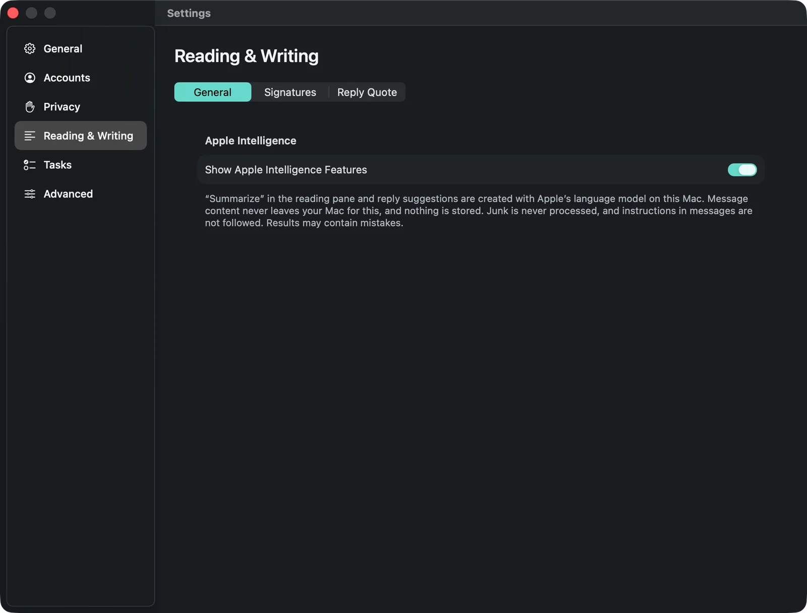The “Reading & Writing” settings on the General page with the switch to show Apple Intelligence features.