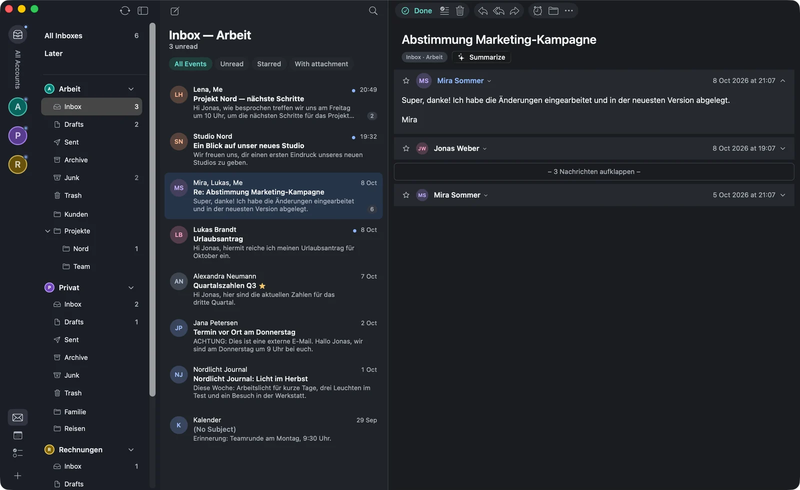 A conversation in the reading pane: at the top the newest reply from Mira Sommer expanded, below it the earlier mails collapsed and the bar to expand three messages.