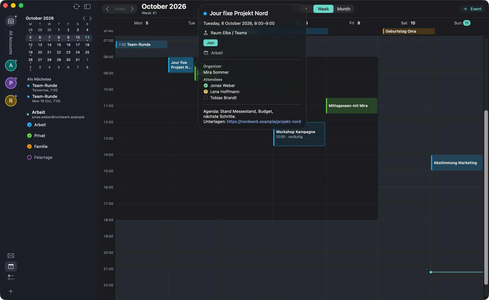 An open event “Jour fixe Projekt Nord” over the week view with time, location, the Join button, organiser, three attendees with their response and the agenda.