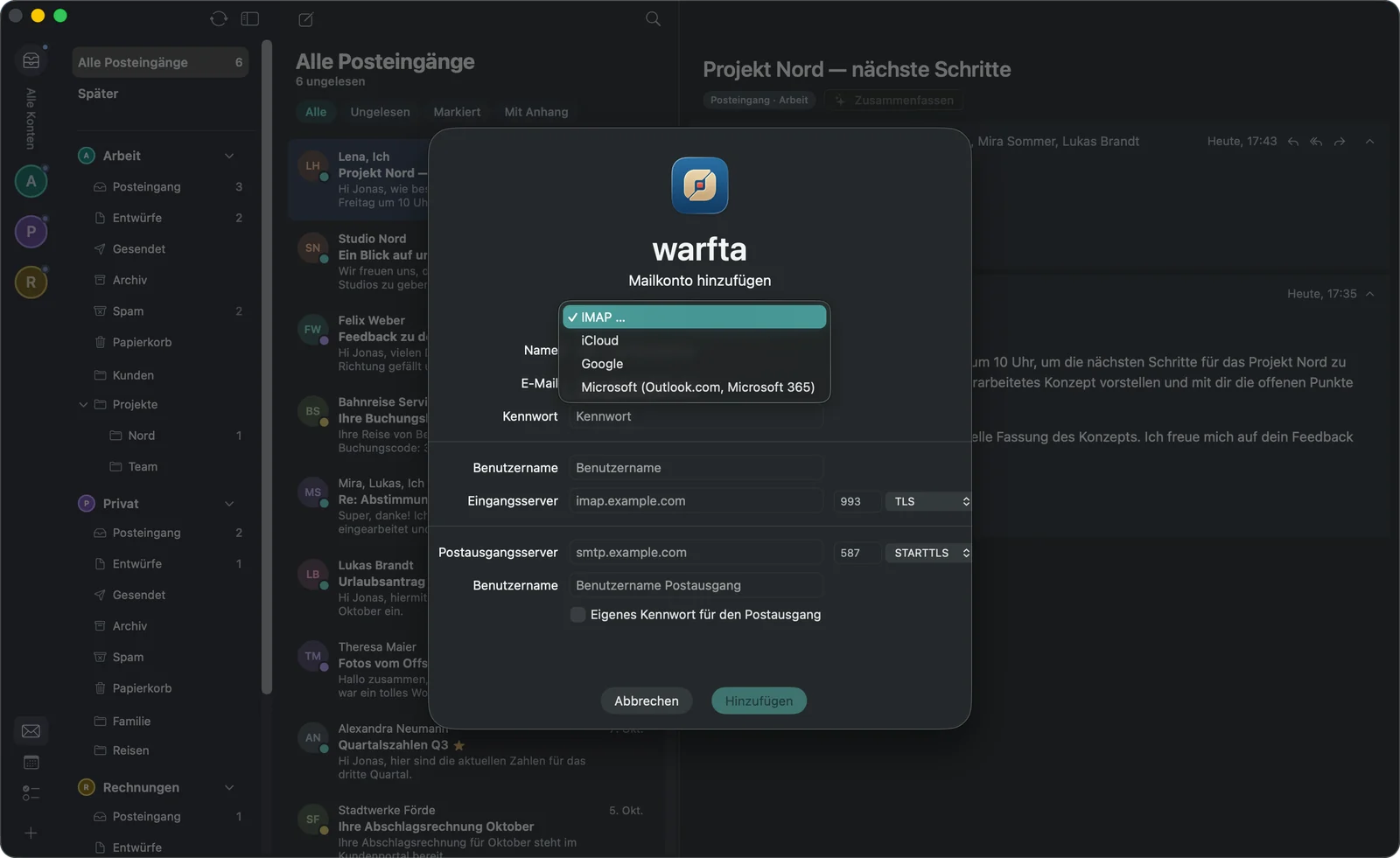 Der Dialog „Mailkonto hinzufügen“ über dem Hauptfenster mit geöffneter Auswahl der Kontoart: IMAP, iCloud, Google und Microsoft (Outlook.com, Microsoft 365). Darunter Name, E-Mail und Kennwort sowie die Felder für Eingangs- und Postausgangsserver mit Port und Verschlüsselung.