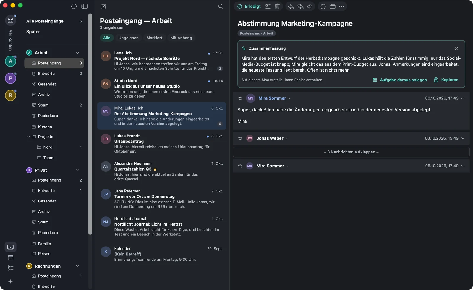 Ein Gespräch mit einer Zusammenfassung über den Mails: ein Absatz, darunter „Auf diesem Mac erstellt · kann Fehler enthalten“ und die Knöpfe „Aufgabe daraus anlegen“ und „Kopieren“.